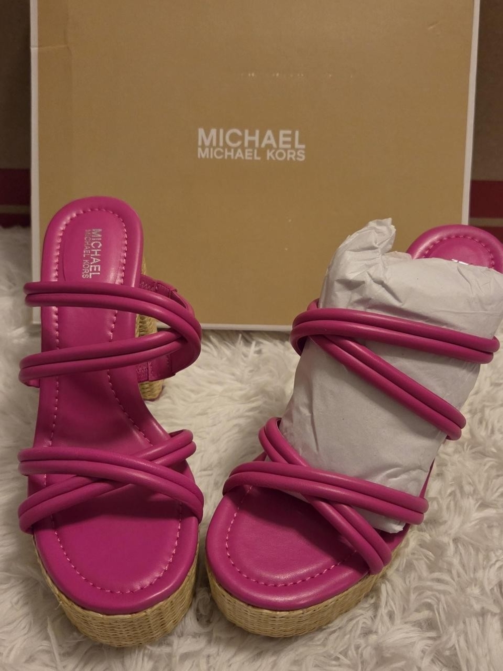 Michael Kors Hot Pink Strappy Espadrille Wedge Sandals